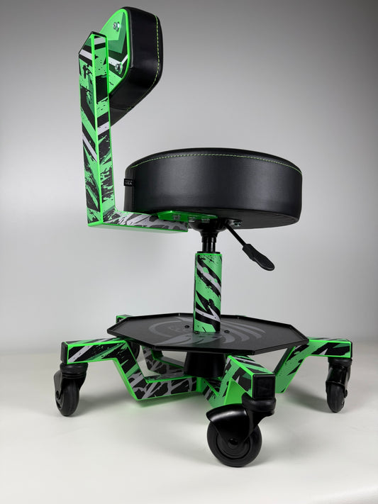 Green and black adjustable office chair with custom graphic kit on a raptor stool    vs vyper