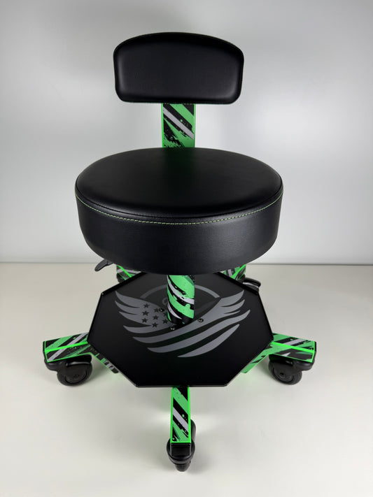 Black and green adjustable chair with a winged design on a white background