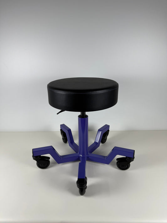 Black stool with blue metal base on a white background